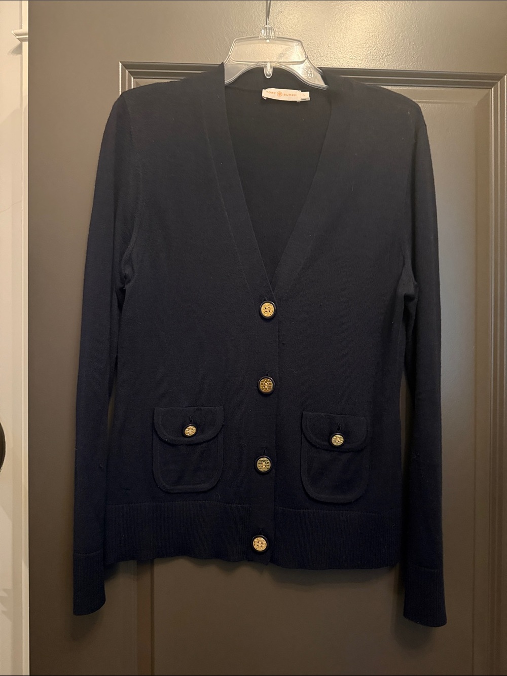 Tory Burch Navy V‑Neck Cardigan with Gold Buttons Wool